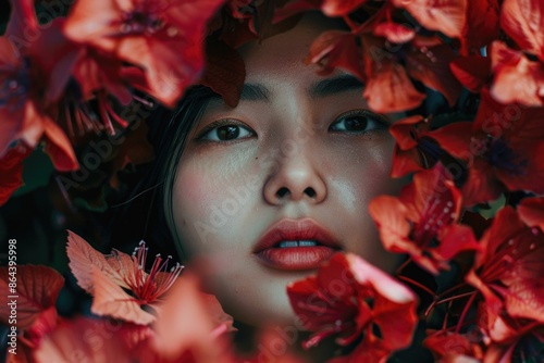 A close-up portrait of a womans face framed by vibrant red flowers. Her eyes gaze intensely at the camera, creating a captivating and enigmatic atmosphere © Konstiantyn Zapylaie
