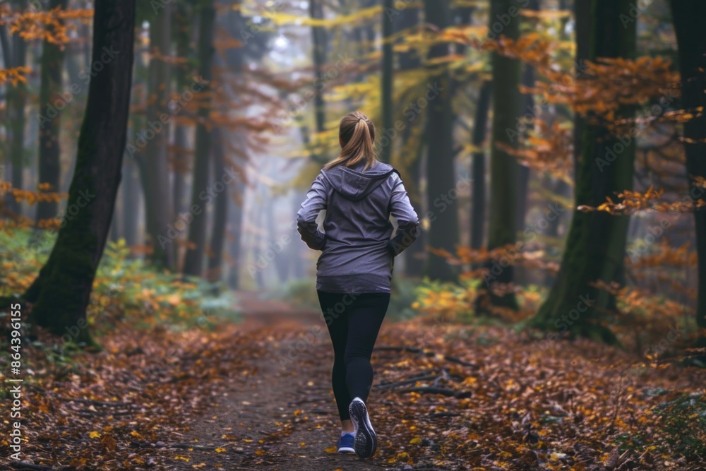 A woman runs through a wooded path, surrounded by trees with changing leaves in the fall A woman runs through a wooded path, surrounded by trees with changing leaves in the fall