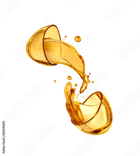 Fish oil capsule cut into two halves with splashes of fat close up on a white background