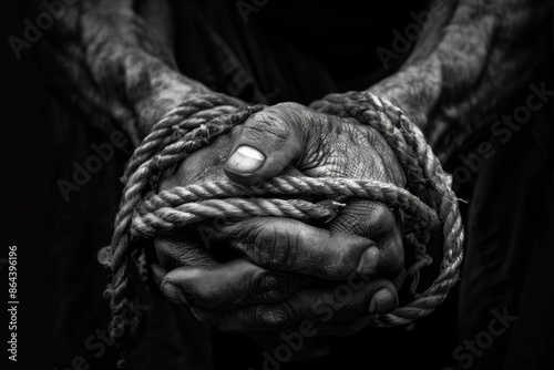 A close-up black and white image depicting a pair of hands bound together by thick rope, highlighting the textures and lines of the skin and rope © Konstiantyn Zapylaie