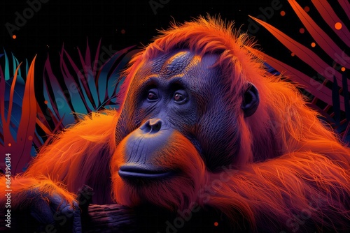 Stylized illustration of an orangutan found in the rainforests of Sumatra. photo