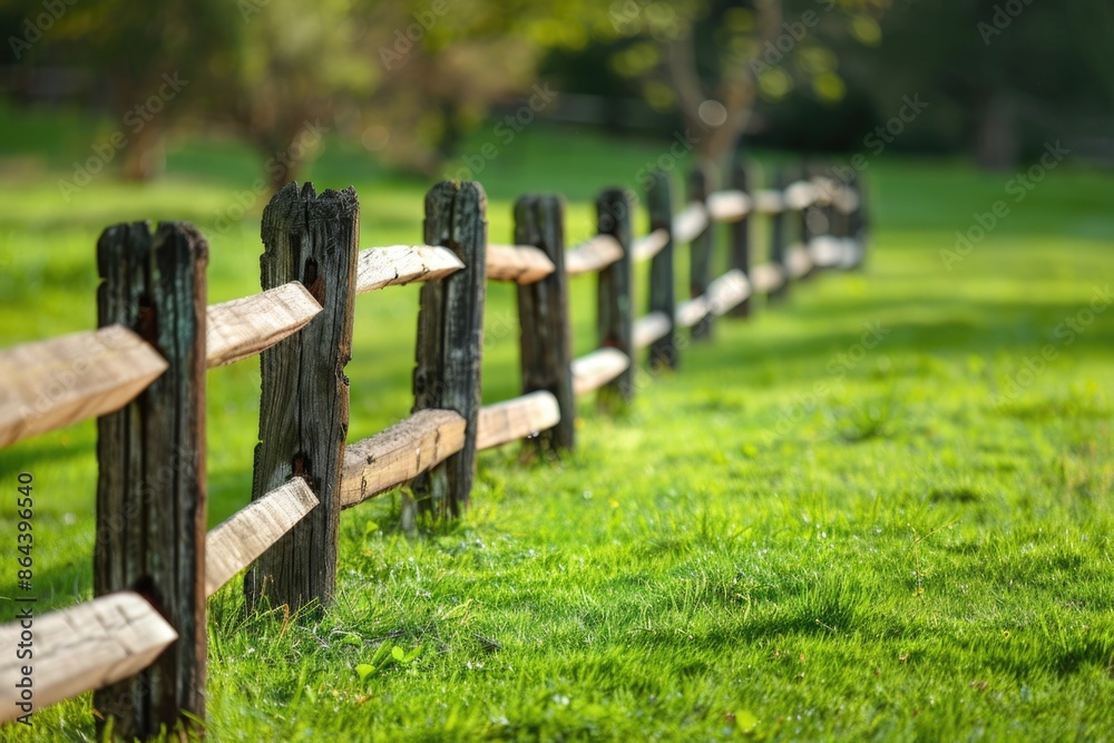 A wooden fence stretches across a lush green meadow on a sunny day A wooden fence stretches across a lush green meadow on a sunny day