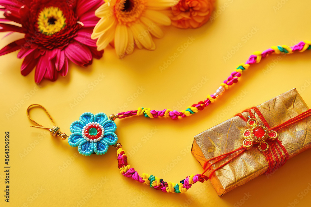 Wristband or rakhi with gift box on yellow background Wristband or rakhi with gift box on yellow background