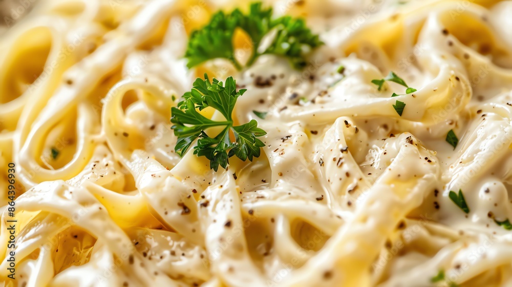 Close-up of delicious Fettuccine Alfredo pasta with creamy sauce and fresh parsley. Classic Italian cuisine. Close-up of delicious Fettuccine Alfredo pasta with creamy sauce and fresh parsley. Classic Italian cuisine.
