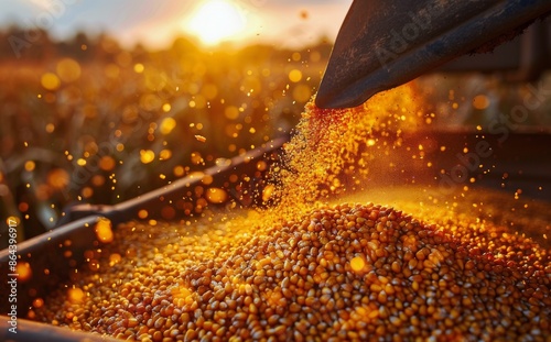 Corn Harvest at Sunset With Grain Pouring Into Wagon