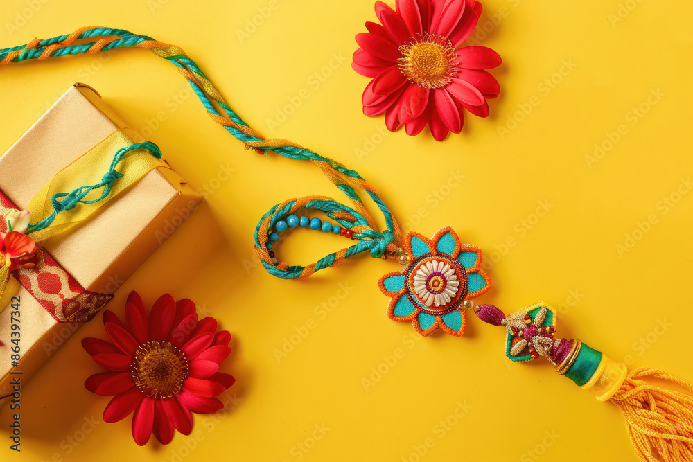 Wristband or rakhi with gift box on yellow background Wristband or rakhi with gift box on yellow background