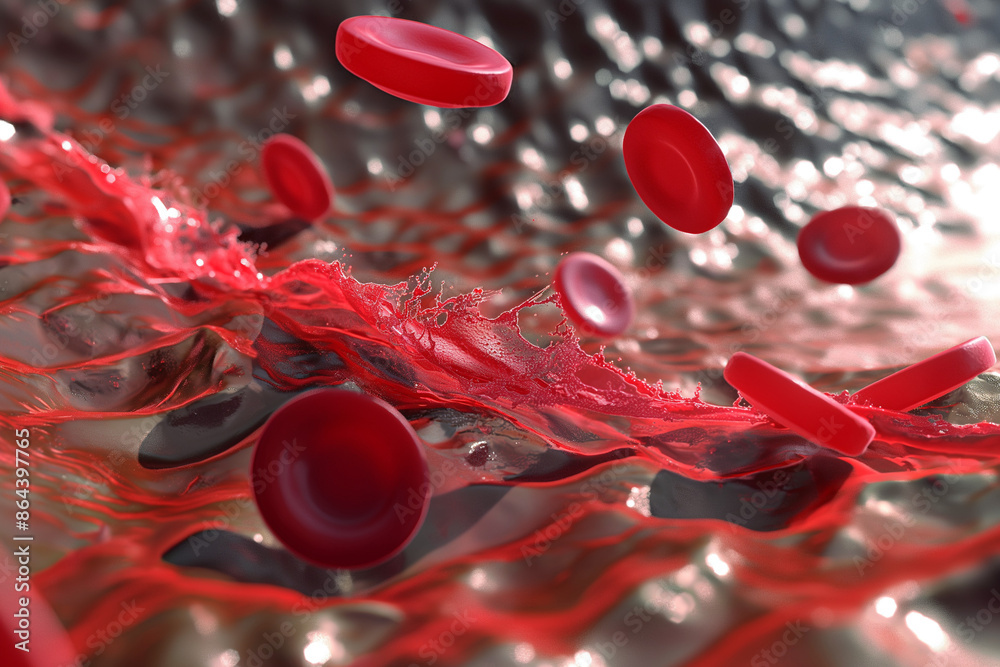red blood cells, A detailed 3D render of red blood cells flowing through veins, depicting a wave-like motion. The scene is abstract and focuses on the microscopic view of blood cells, platelets. red blood cells, A detailed 3D render of red blood cells flowing through veins, depicting a wave-like motion. The scene is abstract and focuses on the microscopic view of blood cells, platelets.