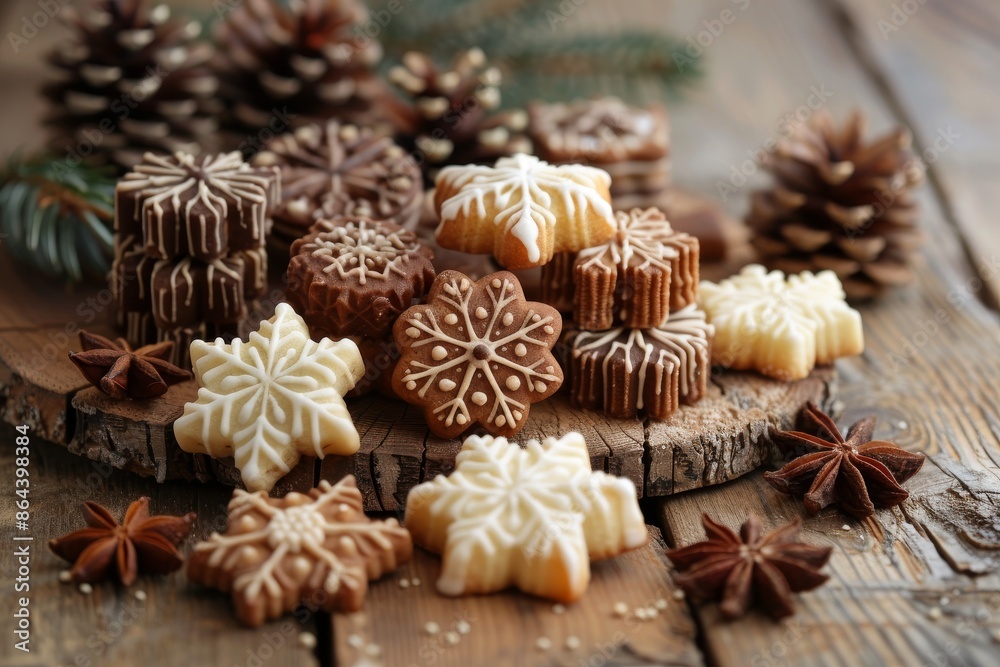 Scandinavian Christmas gingerbread with white icing in the shape of snowflakes and balls. Advertising of Christmas and New Year baking. Card for family or New Year with sweet cookies. Scandinavian Christmas gingerbread with white icing in the shape of snowflakes and balls. Advertising of Christmas and New Year baking. Card for family or New Year with sweet cookies.