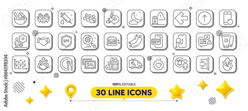 Search statistics, Left arrow and Job line icons pack. 3d design elements. Medical syringe, Exit, Dot plot web icon. Sausage, Bill accounting, Organic product pictogram. Vector