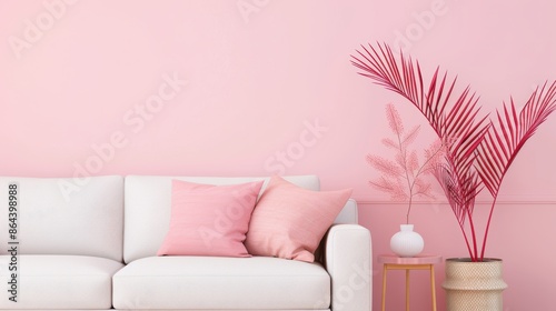 A cozy apartment decorated in soft pink hues, with minimalist furniture and decor creating a warm and inviting atmosphere. The image offers ample copy space for customization, perfect for projects