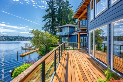 Beautiful view of the lake from an elegant deck on sunny day in Washington State, wooden floor and glass railings, blue house with large windows overlooking water Generative AI