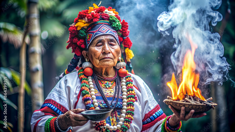 An old female shaman performs a ritual to communicate with the universe. The background looks like the Maya tribe. An old female shaman performs a ritual to communicate with the universe. The background looks like the Maya tribe.