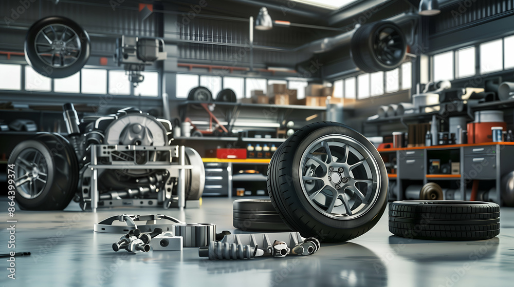 Fototapeta premium Car Tire and Engine Parts in Garage.
