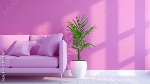 A sophisticated apartment living room in shades of purple, featuring minimalist design elements and a clean, uncluttered layout. The image provides ample copy space for adding text or graphics.