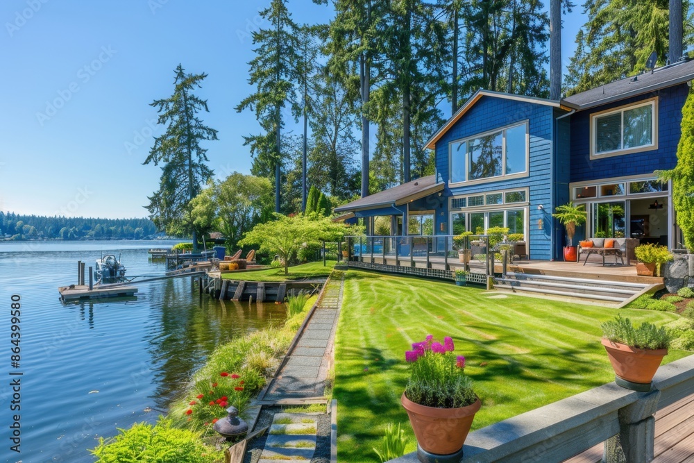 Fototapeta premium A large, modern home with an expansive deck overlooking the water of lake in on a sunny day The house is nestled among tall trees and features blue walls and windows Generative AI