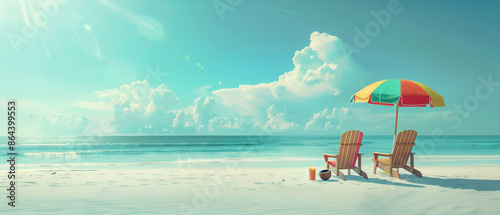 Relaxing Beach Scene with Chairs and Umbrella. © 3AI studio