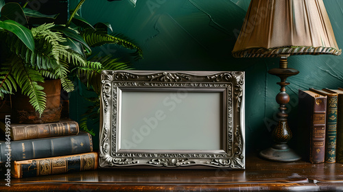 Ornate Silver Frame Mockup with Antique Books and Lamp. photo
