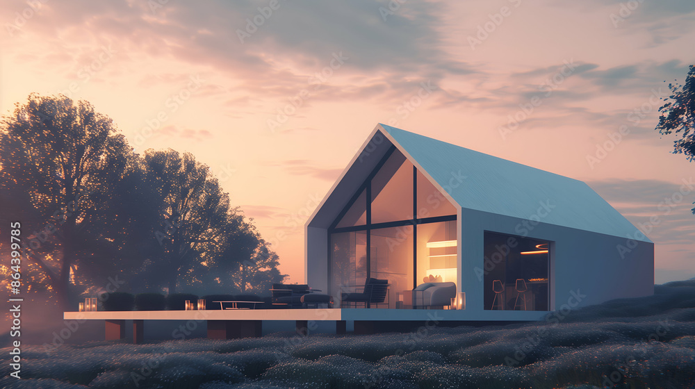 Fototapeta premium Modern House in a Field at Sunset.