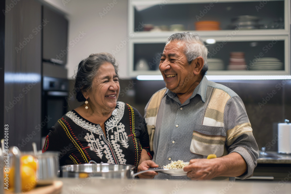 Hispanic couple smiling while cooking together in the kitchen Hispanic couple smiling while cooking together in the kitchen