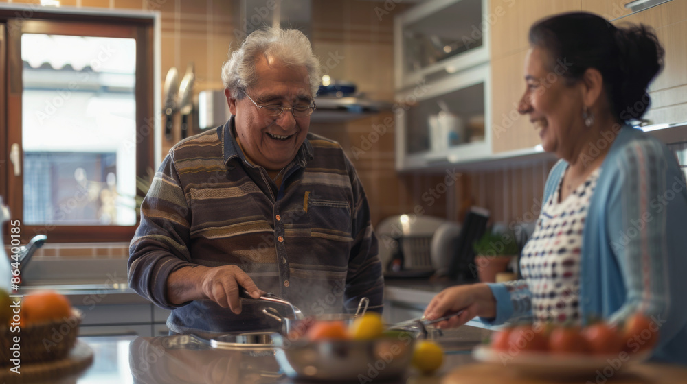 Hispanic couple cooking together in the kitchen, enjoying the process Hispanic couple cooking together in the kitchen, enjoying the process