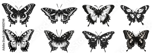 Butterflies with vintage stipple effect sketch  tattoo art stickers. Vector illustration, butterfly silhoette in trendy retro 2000s style. Vector illustration for grunge gothic surreal poster