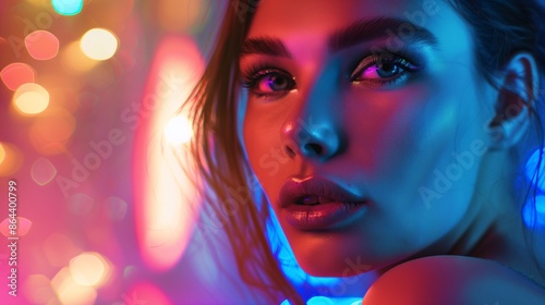 portrait of a young woman illuminated by soft bokeh lights, highlighting her features with a warm glow