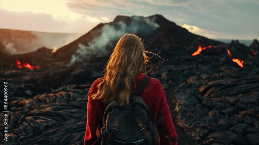 Naklejka premium Adventurous woman hiking in a rugged terrain at sunset, the golden light casting dramatic shadows.
