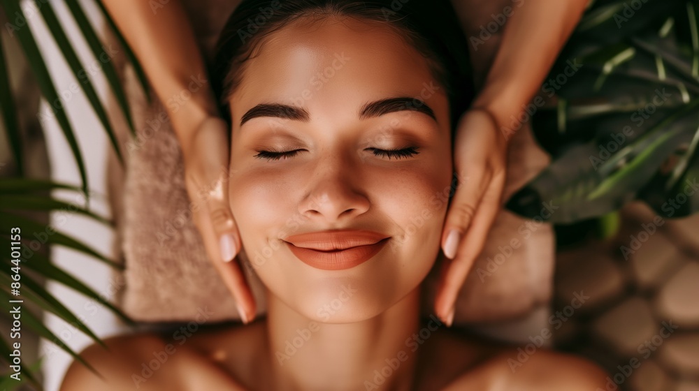 Close-up of a young woman receiving a gentle facial treatment surrounded by vibrant tropical plants, emphasizing natural beauty Close-up of a young woman receiving a gentle facial treatment surrounded by vibrant tropical plants, emphasizing natural beauty