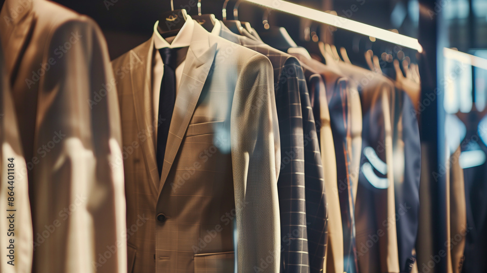 Luxurious men's attire including light suits, shirts, and trousers exhibited in a tasteful and orderly wardrobe.
Luxurious men's attire including light suits, shirts, and trousers exhibited in a tasteful and orderly wardrobe.