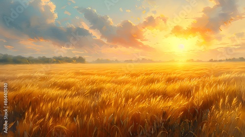 A watercolor landscape of a vast golden wheat field, the sun rising in the distance, the sky painted in soft pastel hues, gentle wind creating waves in the wheat, a tranquil and serene setting.