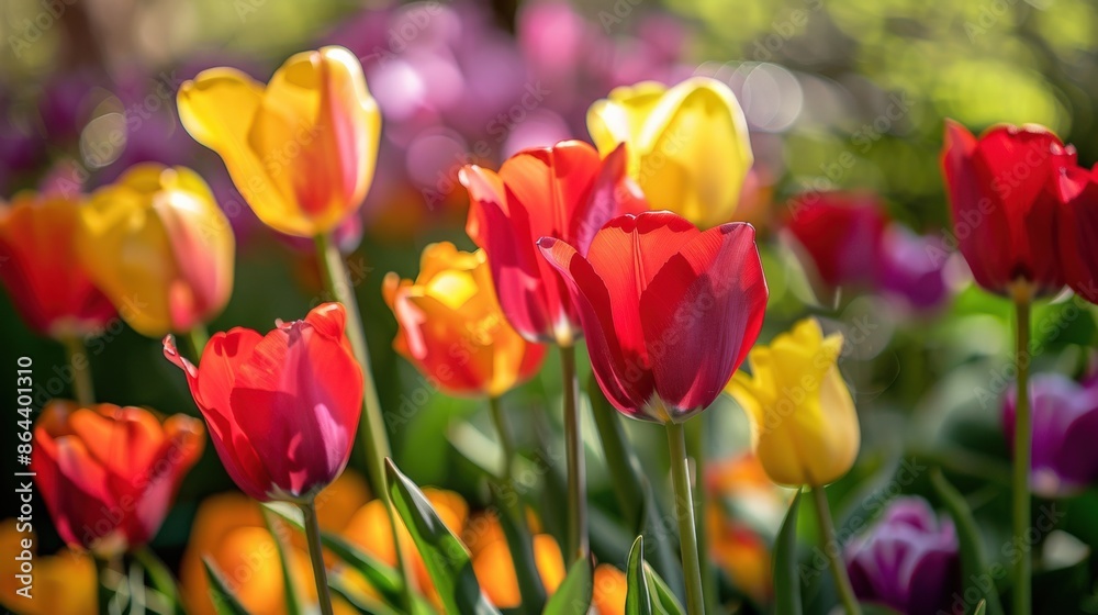 Close-up of colorful tulips in full bloom, with vibrant reds, yellows, and purples highlighting the beauty and diversity of spring flowers Close-up of colorful tulips in full bloom, with vibrant reds, yellows, and purples highlighting the beauty and diversity of spring flowers