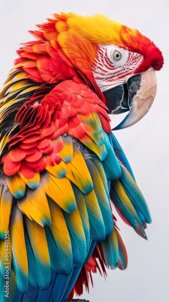 Obraz premium Colorful macaw parrot close-up, vibrant feathers and white background. Exotic bird concept