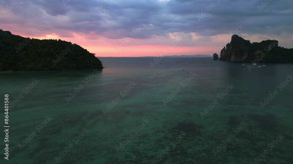 Traditional Thai long tail boats at sunset. Dramatic aerial view flight drone Traditional Thai long tail boats at sunset. Dramatic aerial view flight drone