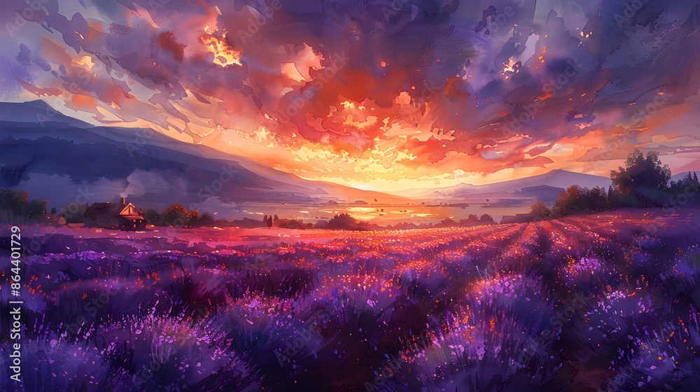 A watercolor landscape of blooming lavender fields at sunset, the sky painted in rich hues of orange and purple, rows of lavender leading towards a distant farmhouse, a serene and tranquil atmosphere. A watercolor landscape of blooming lavender fields at sunset, the sky painted in rich hues of orange and purple, rows of lavender leading towards a distant farmhouse, a serene and tranquil atmosphere.