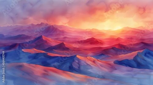 A watercolor landscape of desert dunes at sunset, the sky ablaze with vibrant colors, rolling sand dunes with intricate patterns, the soft light creating gentle shadows and highlights.