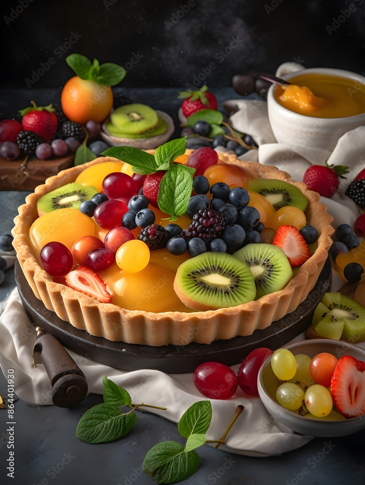 Vibrant Mixed Fruit Tart with Kiwi, Berries, and Peach Glaze. Vibrant Mixed Fruit Tart with Kiwi, Berries, and Peach Glaze.