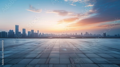 Empty square floor with city skyline background, Metropolitan tranquility, tranquil cityscape vista © Mabel