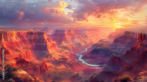 A watercolor painting of a breathtaking canyon view, layered rock formations in shades of red and orange, a river winding below, the sun setting and casting golden light over the landscape, a serene a