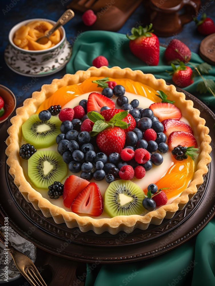 Vibrant Mixed Fruit Tart with Kiwi, Berries, and Peach Glaze. Vibrant Mixed Fruit Tart with Kiwi, Berries, and Peach Glaze.