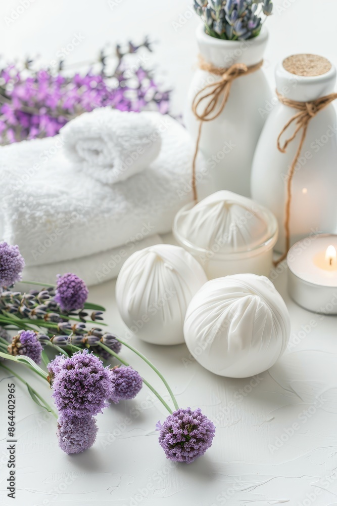Serene spa setting with lavender flowers, massage balls, candles, bottles, and towels on a white background, promoting relaxation and wellness. Serene spa setting with lavender flowers, massage balls, candles, bottles, and towels on a white background, promoting relaxation and wellness.