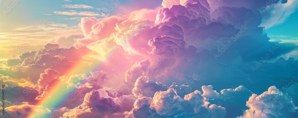 Vibrant sunset with rainbow in the clouds, dreamy sky scene
