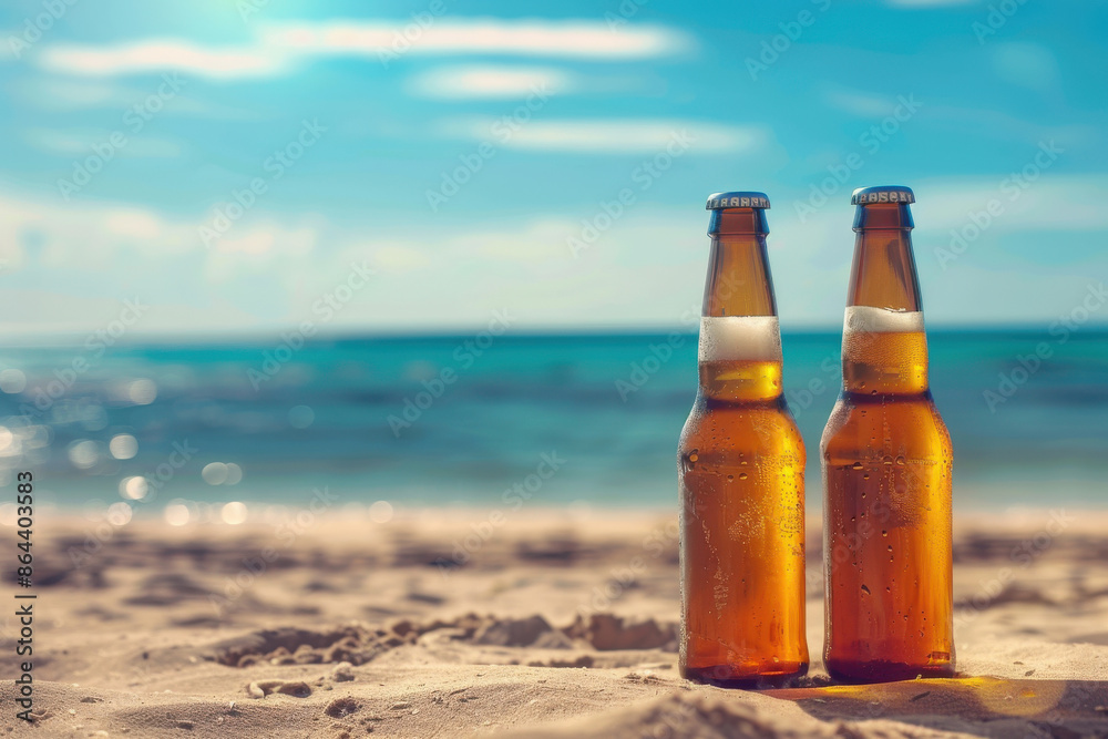 Chilled beer bottles on sunny beach sand with ocean in background, perfect for summer vacation, relaxation, and refreshment themes. Chilled beer bottles on sunny beach sand with ocean in background, perfect for summer vacation, relaxation, and refreshment themes.