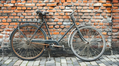 A black vintage bicycle is leaning against a brick wall. The bike has a brown saddle and brown handlebars.