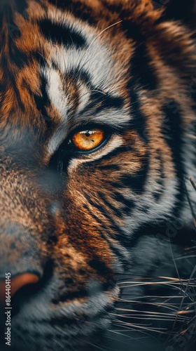 Intense close-up tiger's eye orange black fur details natural light