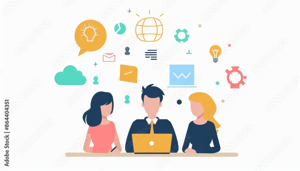 Illustration of three people working together at a computer with various business and tech icons around them, symbolizing teamwork and innovation.