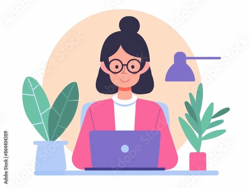 Illustration of a woman working on a laptop at home, surrounded by plants and a desk lamp, demonstrating remote work and technology usage. © PrusarooYakk