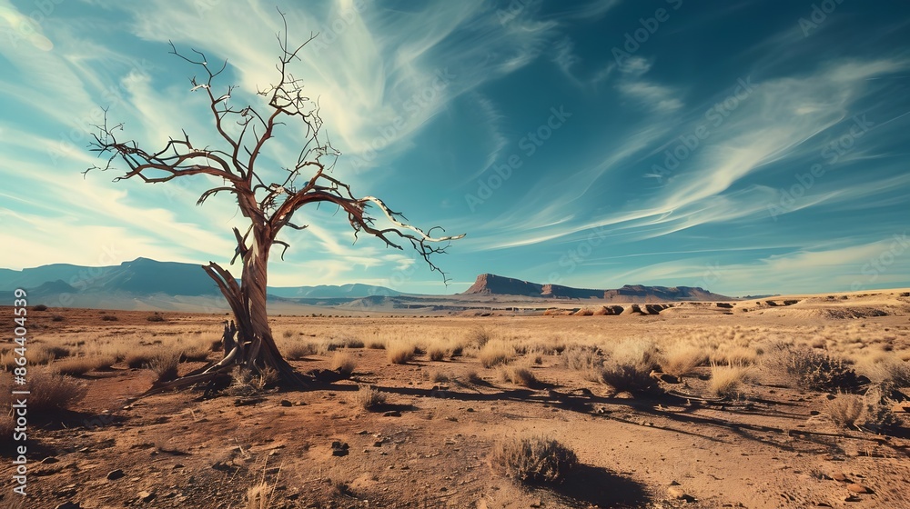 A desolate desert landscape featuring a dead tree standing tall against the barren backdrop symbolizing the arid conditions A desolate desert landscape featuring a dead tree standing tall against the barren backdrop symbolizing the arid conditions