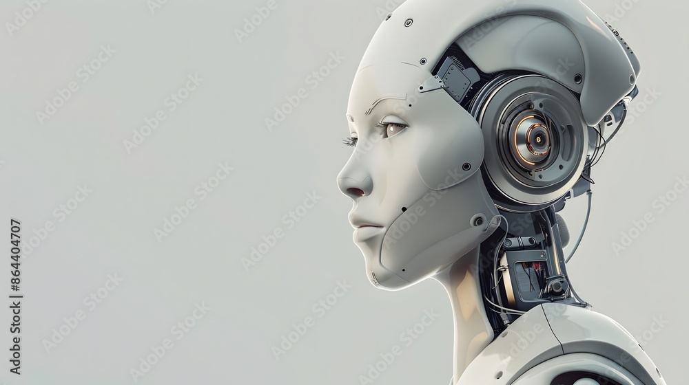 Humanoid robot on white background, copy space for text Humanoid robot on white background, copy space for text
