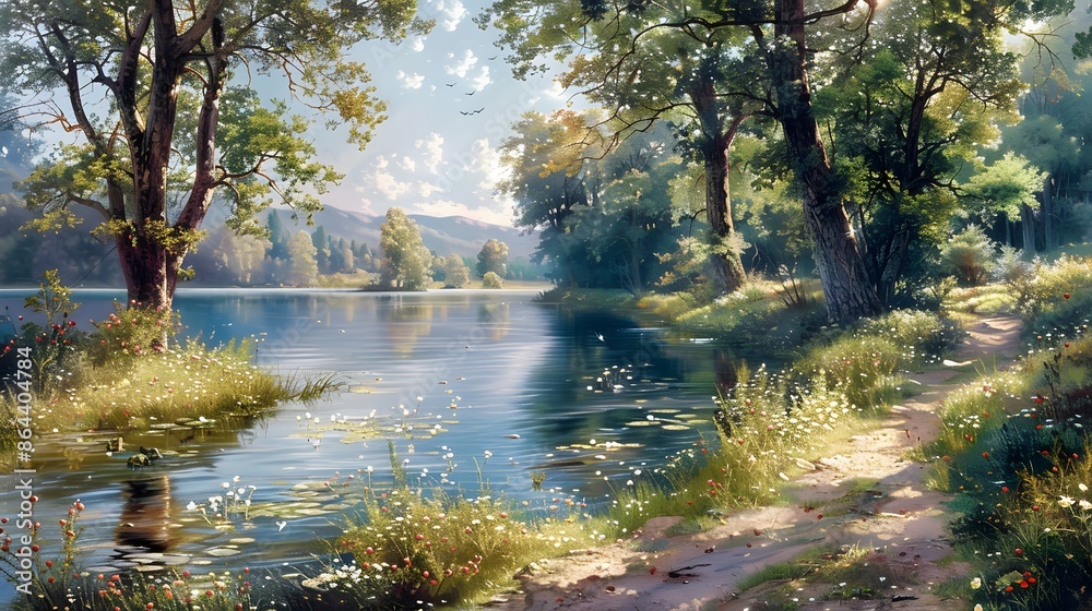 A watercolor painting of a peaceful riverbank with blooming wildflowers, gently flowing water, and tall trees casting dappled shadows on the shore, a serene and tranquil atmosphere. A watercolor painting of a peaceful riverbank with blooming wildflowers, gently flowing water, and tall trees casting dappled shadows on the shore, a serene and tranquil atmosphere.