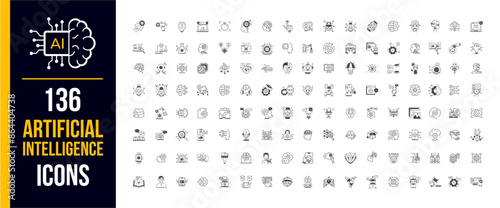 Artificial intelligence icon set. Containing machine learning, data science, AI, virtual assistant, generative AI, technology, Turing test and more. Line vector icons collection.